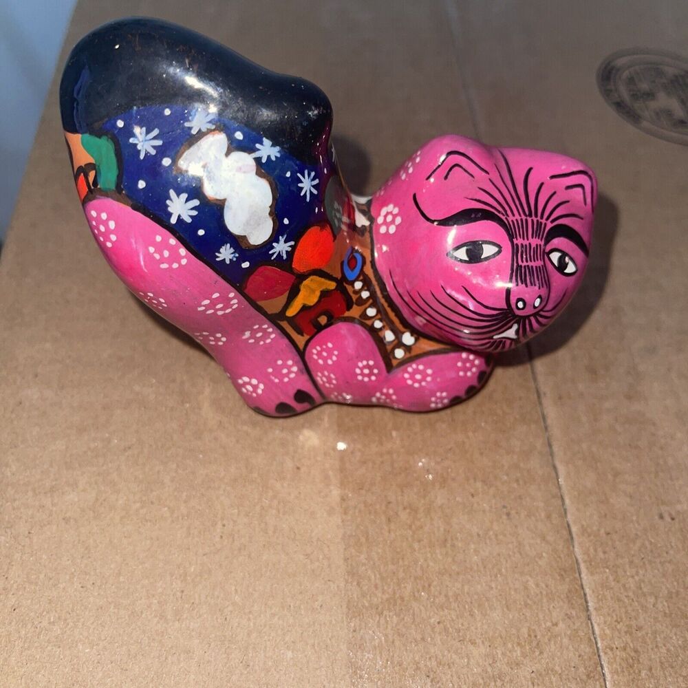 Pink Cat Figurine Terra Cotta Clay HAND PAINTED Mexican Folk Art Unbranded Used